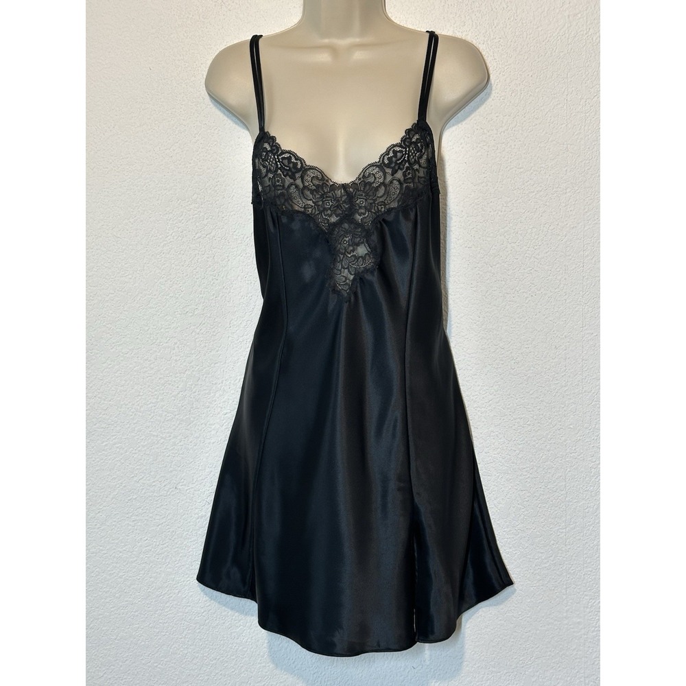 Vtg‎ Y2K 90s Victorias Secret Lingerie Large Black Satin Lace Slip Dress Chemise